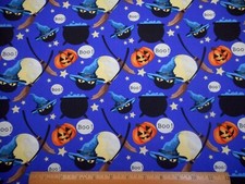 Halloween Quilt Fabric By Yard Pumpkin Witch Cauldron Moon BOO Dk Blue Cotton C