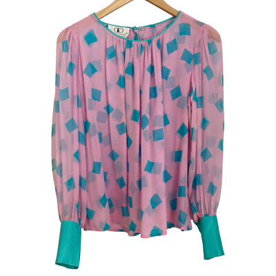 Flora Kung NWT $290 Pink Mint Green Cube Print Silk Chiffon Bellowy Blouse Top 4
