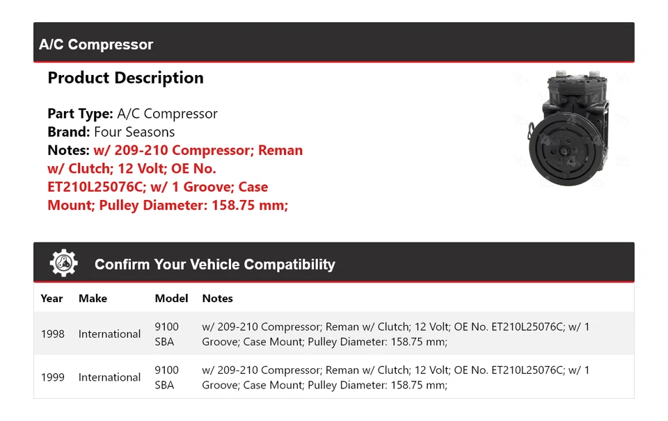 Compresor de aire acondicionado International 9100 SBA 1998-1999 4 estaciones Foto 2 de 4