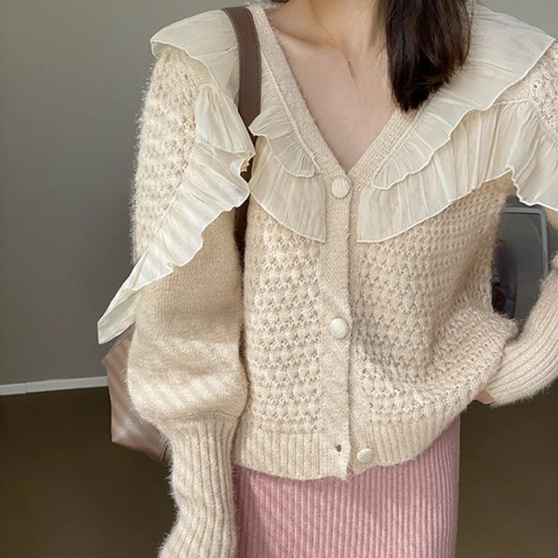 Women Cardigan Sweater Jumper Knit Jacket Ruffle Mesh Splicing V-neck Sweet  Chic