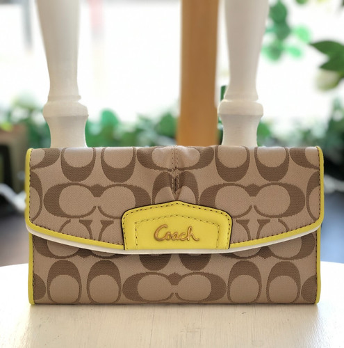 Coach Ashley Signature Sateen Checkbook Wallet F48117 Khaki Cartreuse NEW w TAG