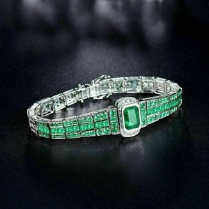 Authentic 14k White Gold Plated Silver 15Ct Round Lab Created Emerald Mens Tennis Bracelet