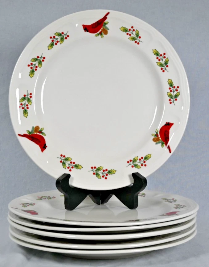 Conjunto de (6) Prato de Jantar Vintage Gibson Inverno Azevinho Natal Vermelho Cardinal - Imagem 2 de 4