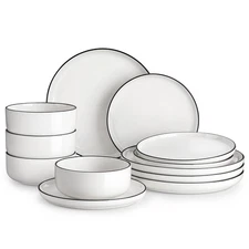 Malacasa 12pc Dinnerware Set, Porcelain Plates Bowls, White Black Rim, Microw...