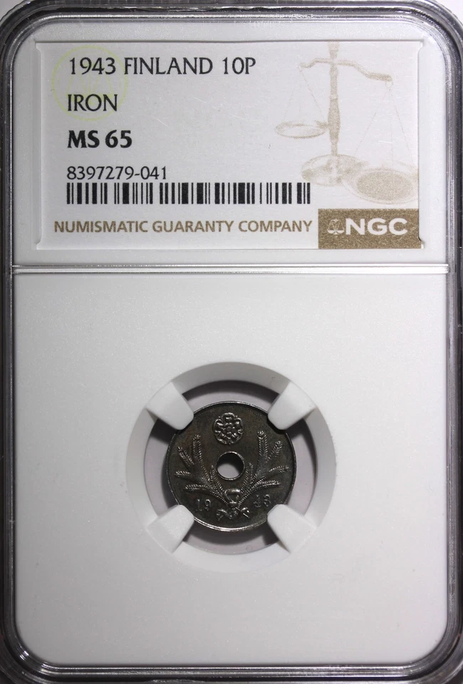 FINLAND Iron 1943 10 Pennia NGC MS65 WWII Issue 1 GRADED HIGHEST SCARCE KM# 34.1 - Image 2 of 4