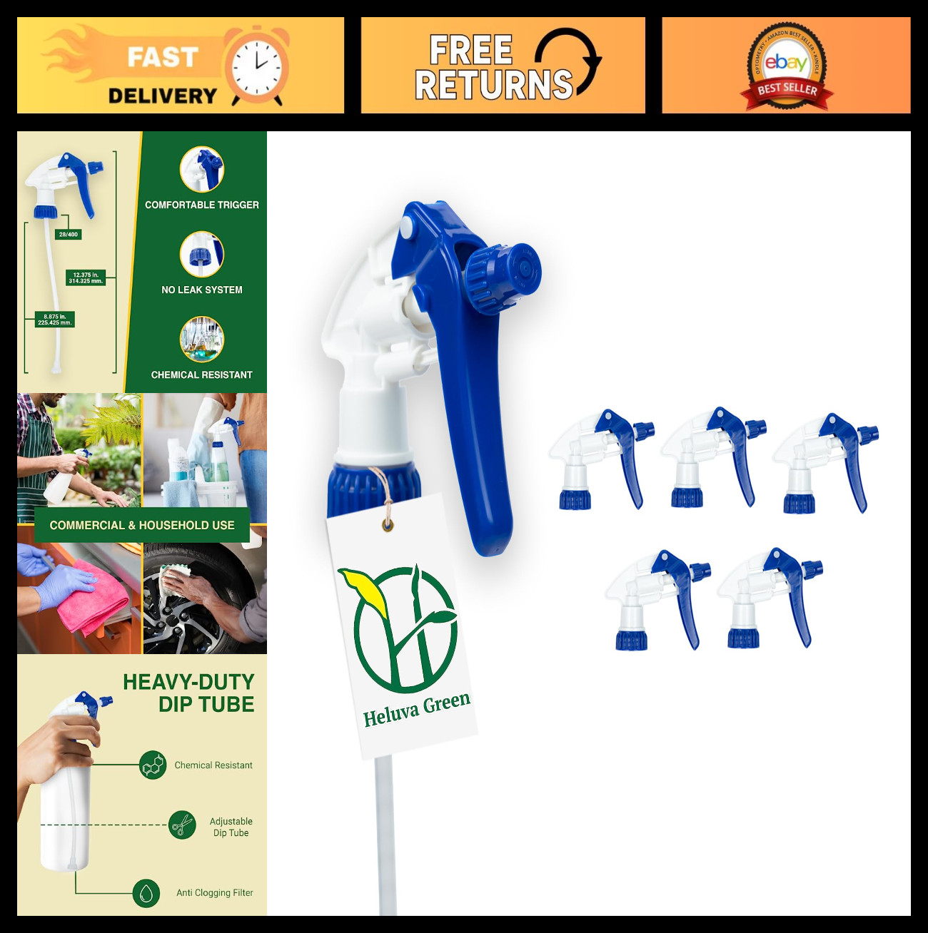 Heavy Duty Spray Bottle Nozzle Replacement - 6 Pack, Fits 8-32 oz Bottles, Blue