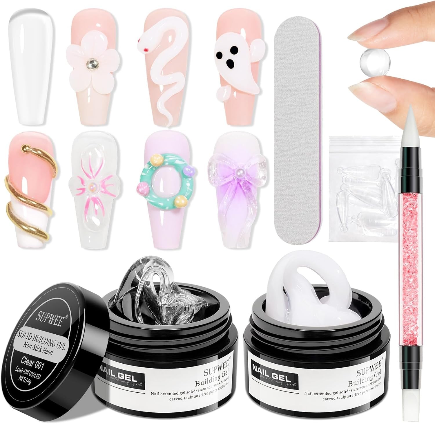 Solid Builder Gel for Nails Kit, Clear White 3D Sculpture Gel Non-Stick Hand Na