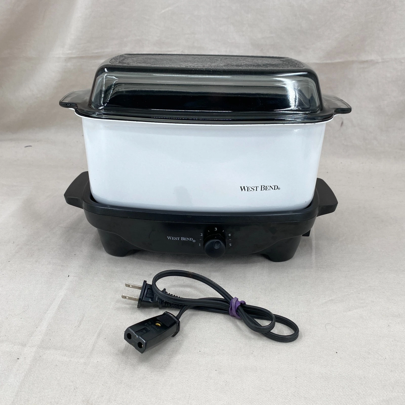 West Bend Slow Cooker Griddle 4 qt NonStick Glass Lid White Vintage Tested Works