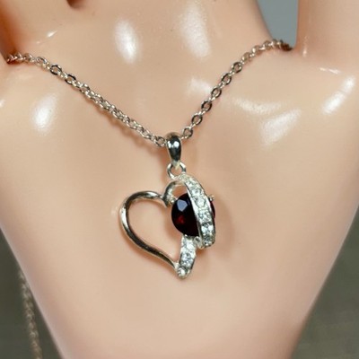 Silver Tone AVON 'Looping Open Heart' W/ JANUARY Birthstone Faux Garnet Necklace