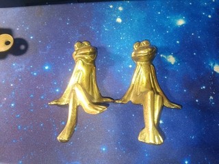 Vintage Brass Smiling Frog Shelf Sitter Set Of 2 Approx 4”H