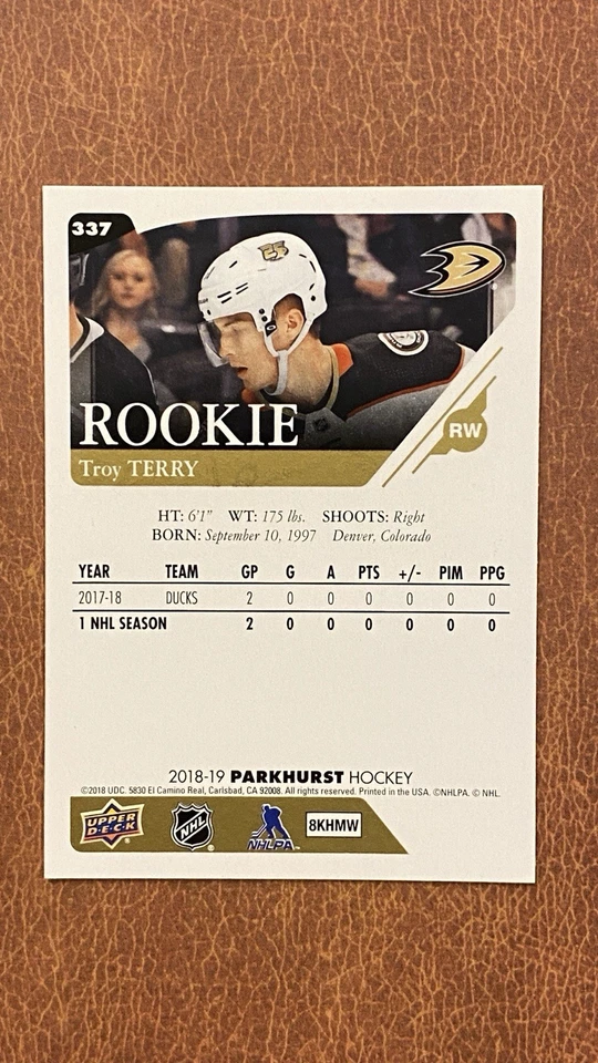 2018-19 Upper Deck Parkhurst Rookies Troy Terry #337 (RC) - Anaheim Ducks - Image 2 of 2