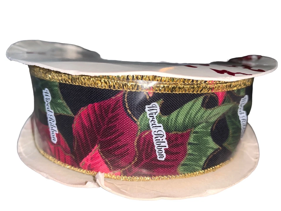 Cinta de Navidad Borgoña Hojas de Acebo Borgoña Borgoña Bordeado, 1 3/8 Pulgadas, 15 Yardas Foto 3 de 4