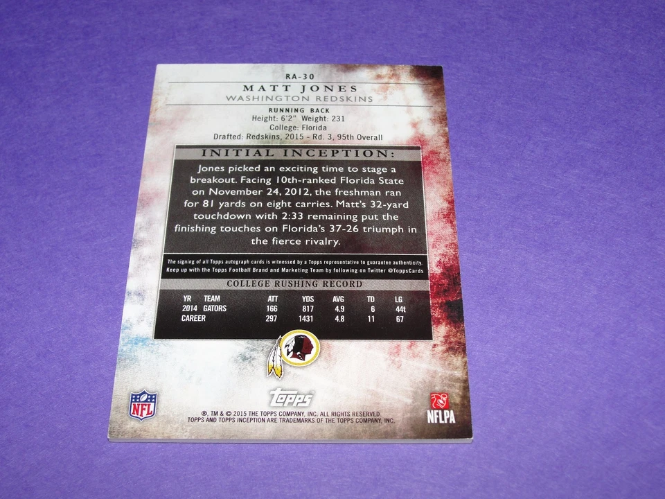 2015 Inception MATT JONES #RA30 On Card Autograph RC Washington REDSKINS Gators - Image 2 of 2