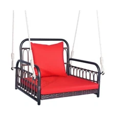 Patio Outdoor Rattan Hammock Porch Swing Chair Hanging Rope Chair w/Seat Cushion