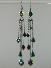 Alex Polizzi Style Long Earrings ~ Peacock Carnival Glass & Oxidised 925 Silver