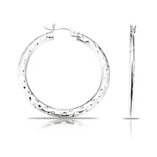 925 Sterling Silver Diamond-Cut Round Hoop Earrings Brilliant Satin-Finish