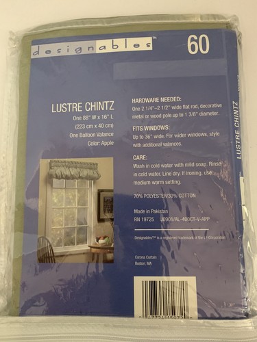 2 Designables Luster Chintz Valance(s)Curtain Green Apple 88 W X 16 L New - Picture 4 of 5