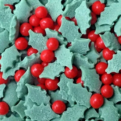 NICE BUNS HOLLY & BERRY EDIBLE XMAS SPRINKLES for Cake and Cupcake Decorations 30g - 100g