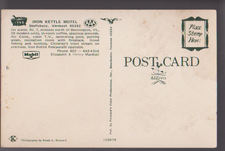 SHAFTSBURY VERMONT Iron Kettle Motel Vintage Postcard eBay