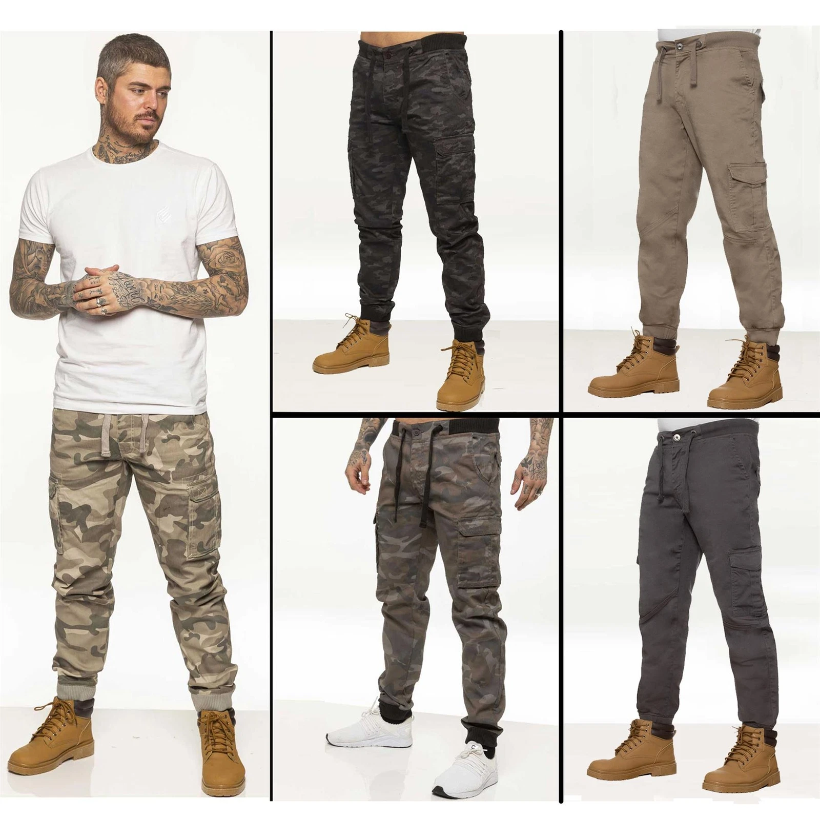 Enzo Mens Cargo Joggers Elasticated Waist Military Combat Trousers Cuffed Pants