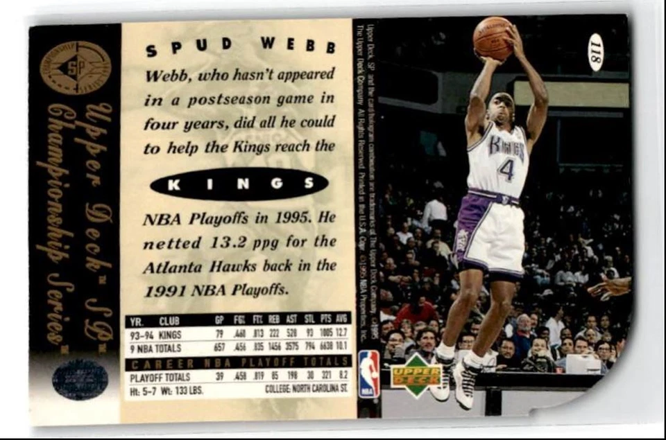 1994-95 SP Championship Spud Webb Sacramento Kings #118 - Image 2 of 2