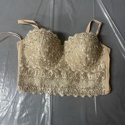 Windsor Daring Embellished Beige Beaded Bra Corset Bustier Crop Top Bling Sz. Sm