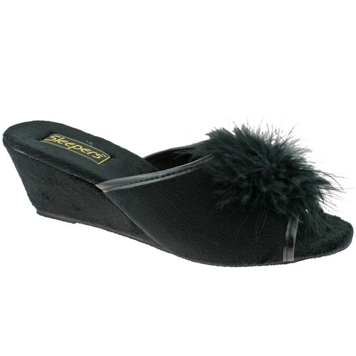 LADIES SLEEPERS ANNE FEATHER BOA FLUFFY BLACK WEDGE MULE SLIPPERS LS857A KD  | eBay
