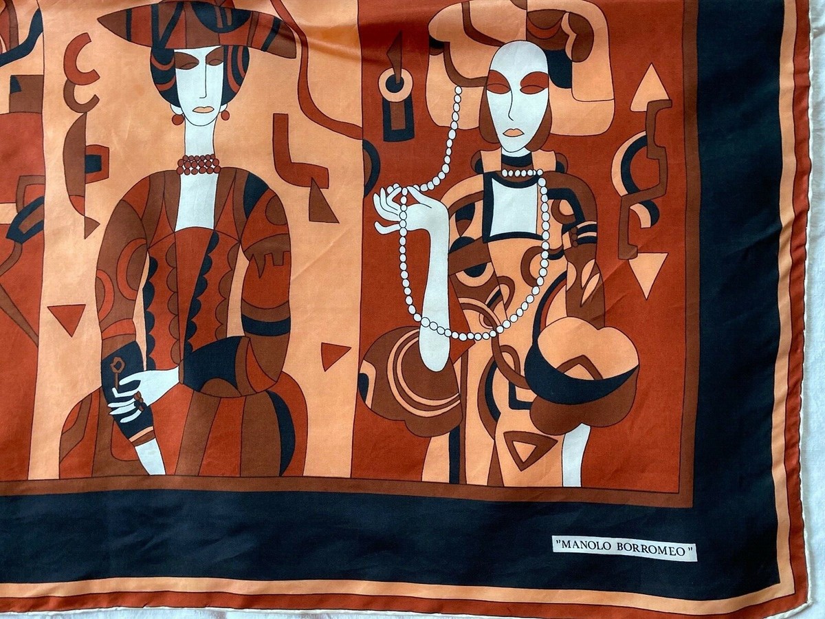 Foulard En Soie Vintage MANOLO BORROMEO – 80x80 Cm, Marron Chocolat, Occasion Très Bon état