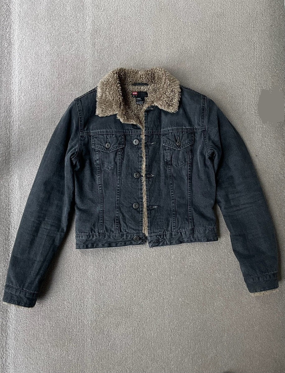 Vintage Diesel Washed Denim Brown Faux Fleece Pile Teddy Shearling Jacket  Size M