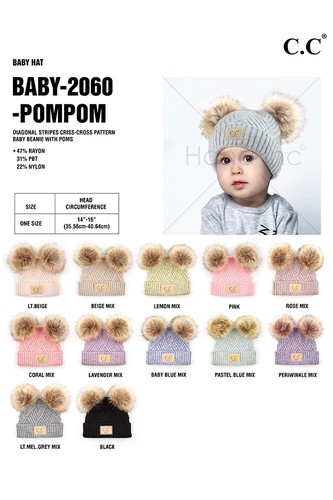 C.C Baby Infant Winter Warm Diagonal Tripes Criss Cross Pom Pom Beanie Hat - Picture 3 of 17