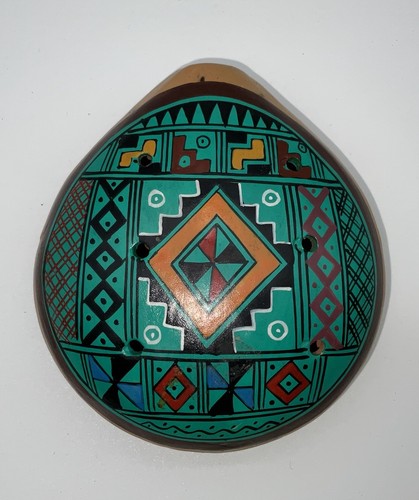 Beautiful Handmade Clay Ocarina. Peruvian Geometric Design EUC