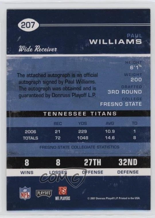 2007 Playoff Contenders Paul Williams #207 Rookie Auto RC - Image 2 of 2