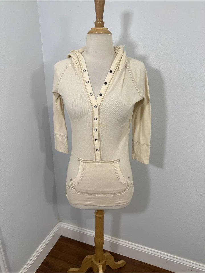 Mossimo Топ толстовка с капюшоном женщин M кремовый кенгуру карман Y2K Bella лебедь 2000-х - Изображение 2 из 4