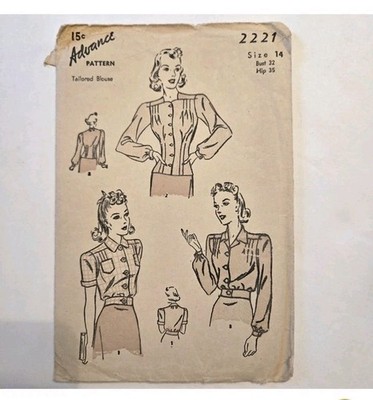 Vtg 1940s Advance 2221 Women's Tailored Blouse Sewing Pattern Size 14 Bust 32