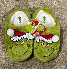 The Grinch Youth Green Faux Fur Lined Slip-On Slippers Santa Hat Christmas Sz 6