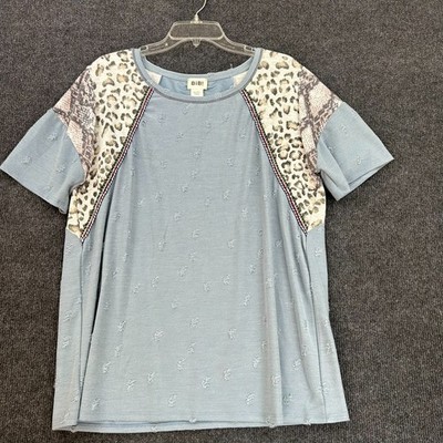 BIBI Women s Top XL Leopard Snake Print SS Blue Textured Distressed Chic Mom