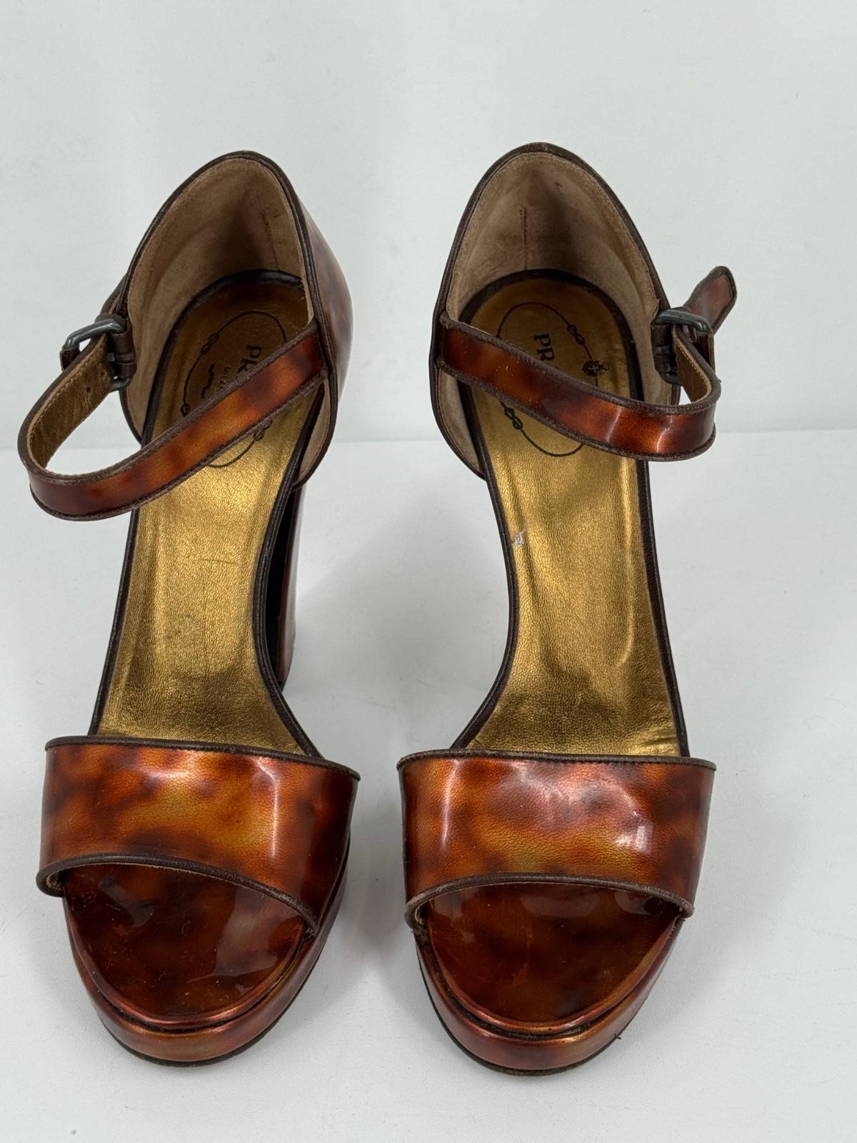 Prada Brown Tortoise Shell Leather Block Heel San… - image 3