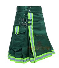 Scottish Green Cotton Utility Firefighter Kilt - Hybrid Deluxe Kilt for Men's