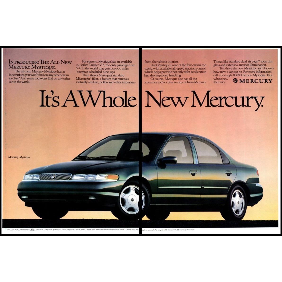 1995 Mercury Mystique Sedan 2 Page Vintage Print Ad Sunset Sky