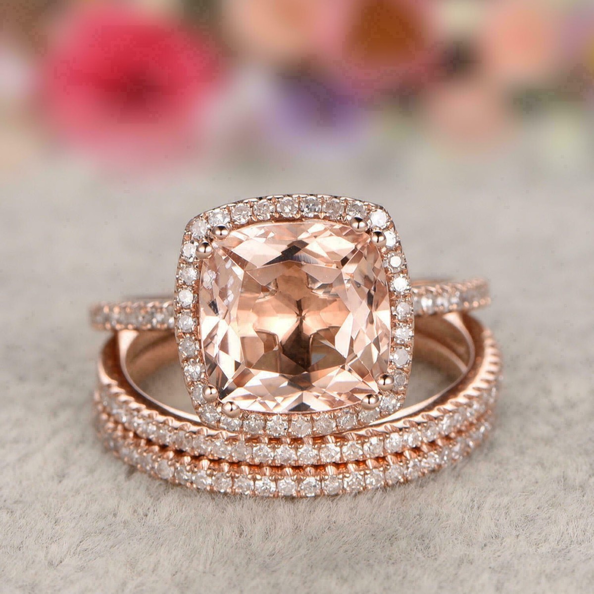 Morganite Rose Gold Cz Ring CT Created Cushion Morganite Cz