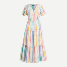 J. Crew Faux-Wrap Dress in Rainbow Gingham Midi Tiered Cotton Size 0