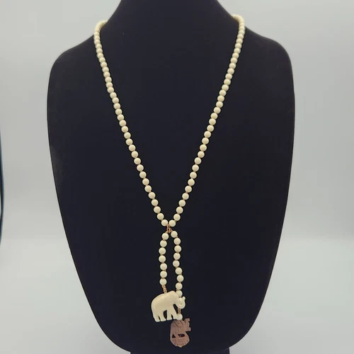 Large Vintage Miriam Celluloid And Carved Wood Lucky Elephants Pendant Necklace