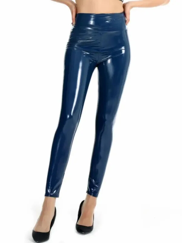 Mujeres Sexy Negro Aspecto Húmedo Cuero PU Leggings Delgados Brillantes Cintura Alta Holográficos