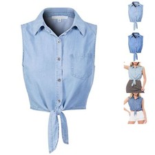 MixMatchy Sleeveless Button-Down Tie Front Knot Crop Chambray Shirt