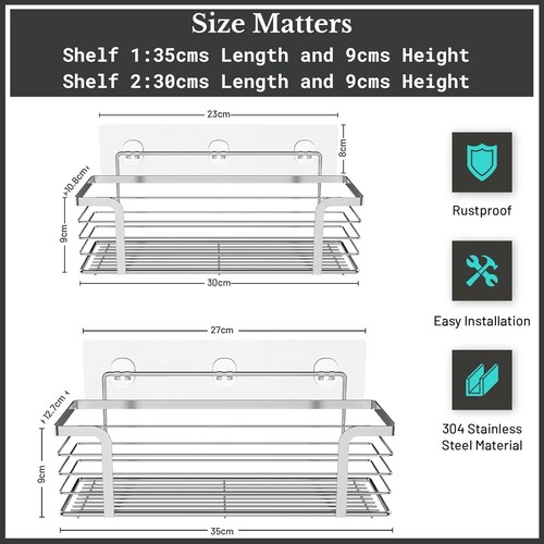 Shower Caddy Bathroom Organiser-2 Pack-Self Adhesive Bath & Shower Shelves-No Dr - Picture 3 of 9