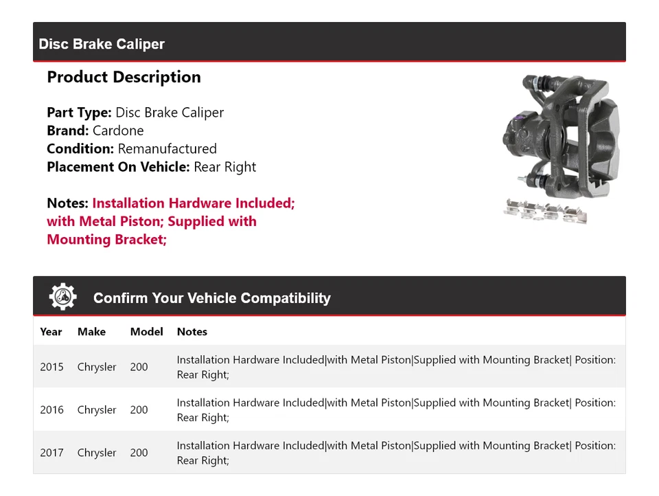 Pinza de freno de disco trasera derecha Cardone 2016 para Chrysler 200 2015-2017 Foto 2 de 4