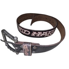 Ed Hardy EH3202 Black Leather Belt Tattoo Art Buckle Size 31 Y2K Punk Biker Med.