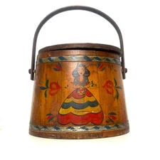 Primitive Antique Vintage Wood Firkin Banded Sugar Bucket w/Handle & Lid 10”