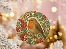 Robin Ceramic Ornament Christmas Red Green Swirl Art Bird Nature Holiday Gift