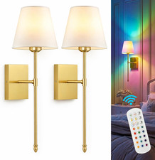 Rechargeable Battery Operated Wall Sconces Set of 2, Gold Wireless Fabric Shade